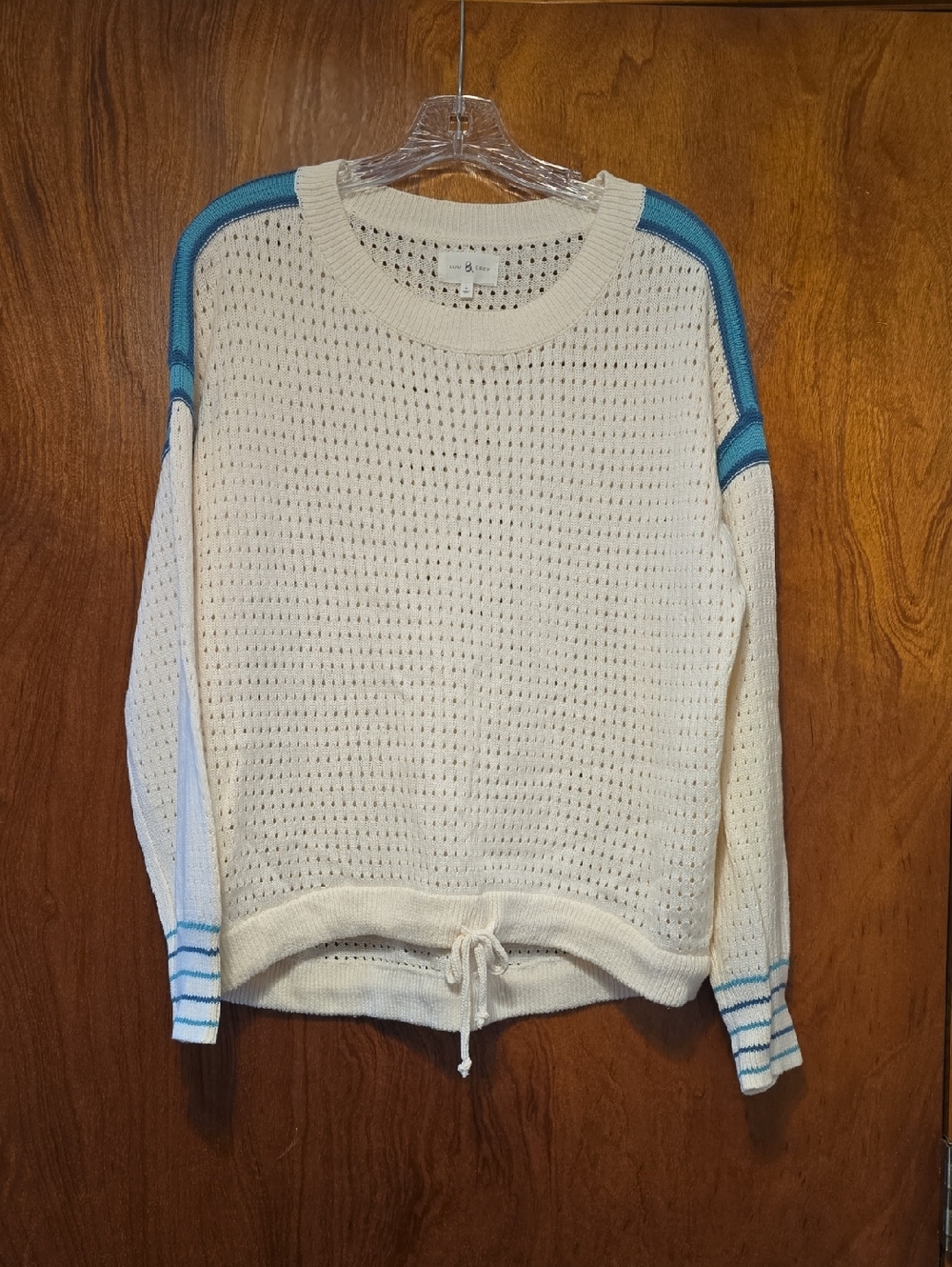 Lou & Grey Cream Open-Knit Sweater with Teal Accents